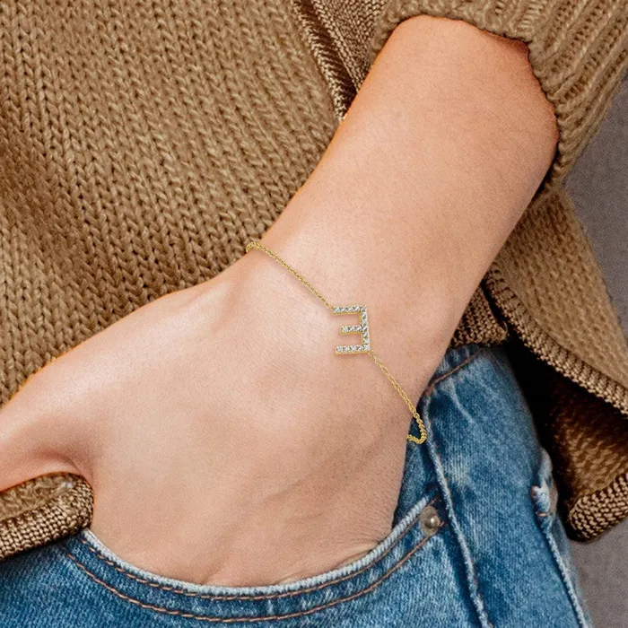 goldiaca Bracelets 14k Yellow Gold Natural Diamond Sideways Letter E w 1in ext Bracelet