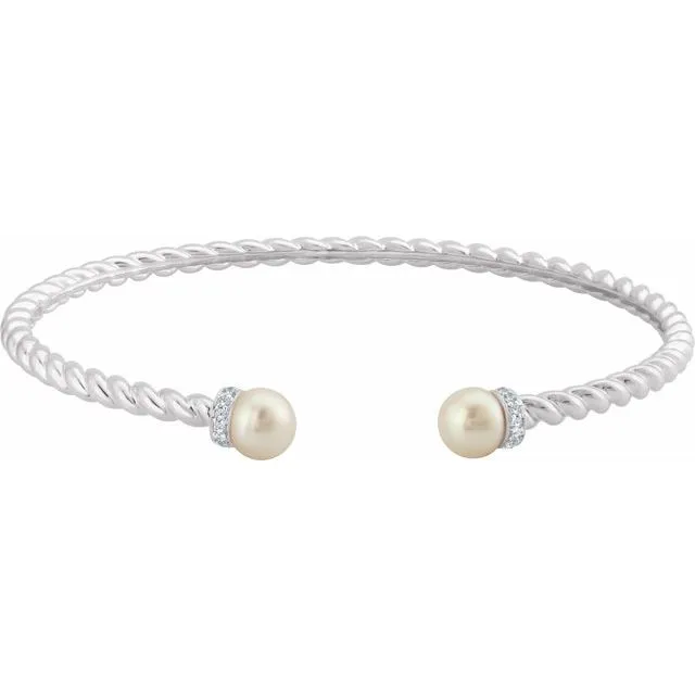 14K White Freshwater Cultured Pearl 110 CTW Diamond Cuff Bracelet TreasureFineJewelers Bracelets 14K White Freshwater Cultured Pearl 110 CTW Diamond Cuff Bracelet TreasureFineJewelers Bracelets