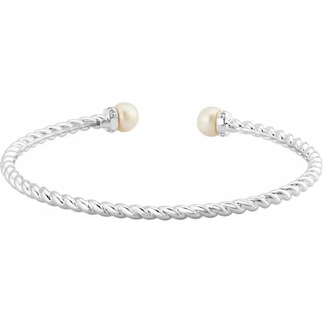 14K White Freshwater Cultured Pearl 110 CTW Diamond Cuff Bracelet TreasureFineJewelers Bracelets