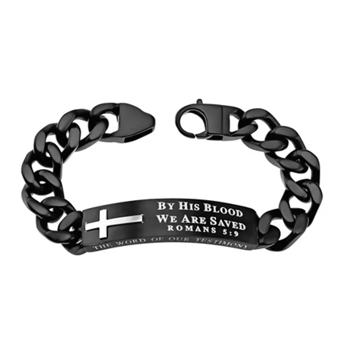 North Arrow Shop Romans 59 Bracelet with Black Cross BY HIS BLOOD Bible Verse Stainless Steel Curb Bracelets North Arrow Shop Romans 59 Bracelet with Black Cross BY HIS BLOOD Bible Verse Stainless Steel Curb Bracelets