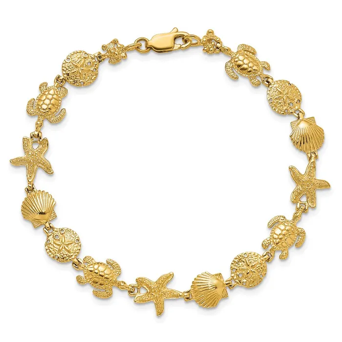 WB Choice Jewelry Bracelets 14K Polished Turtle Sand Dollar Shell and Starfish Link BraceletWBCFB18287