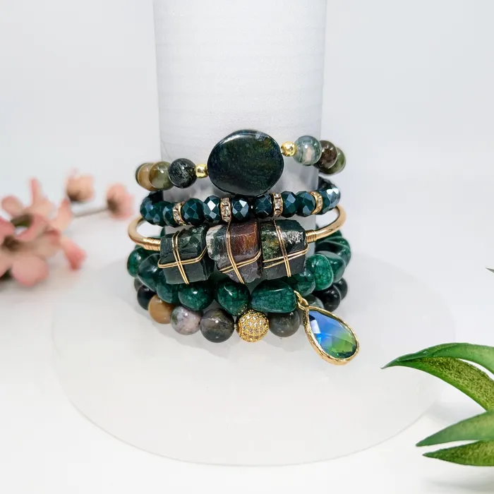 Bliss Crystals Bracelets Jasper and Agate 7 5 Bracelet Stack LV7902