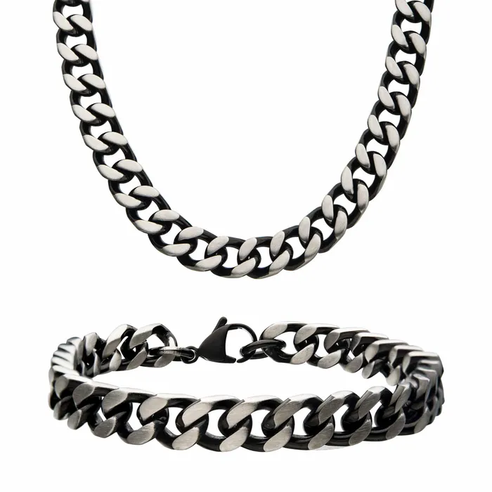 Bracelets Black and Silver Tone Stainless Steel 8mm Brushed Curb Chain and Bracelet Set INOX JEWELRY