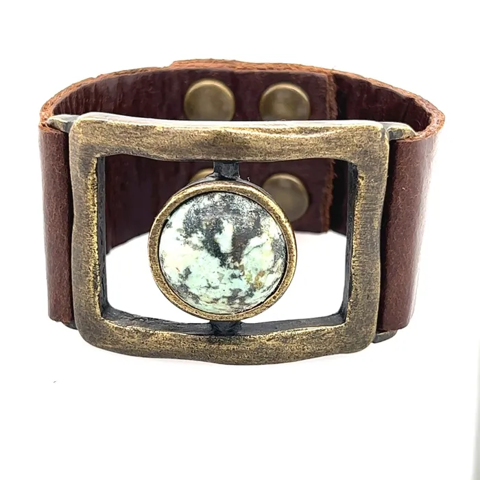 Rebel Designs Inc Bracelets Open Rectangle w Round Cabochon Leather Bracelet