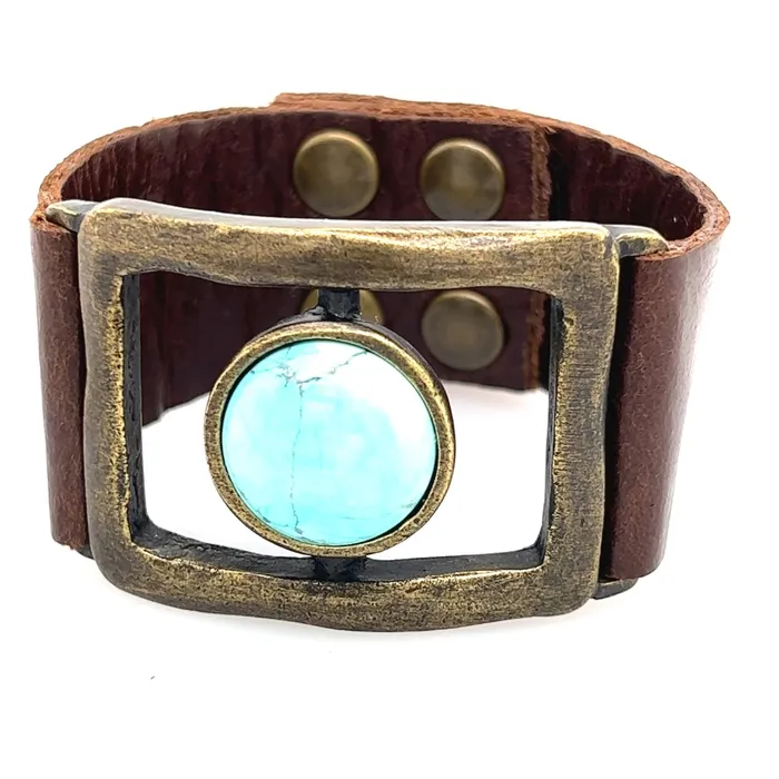 Rebel Designs Inc Bracelets Open Rectangle w Round Cabochon Leather Bracelet Rebel Designs Inc Bracelets Open Rectangle w Round Cabochon Leather Bracelet