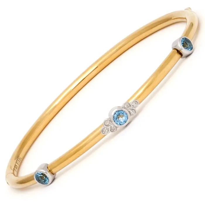 Elisa Ilana Bracelets Gold Stainless Steel Bangle w Diamond Blue Topaz Bezel