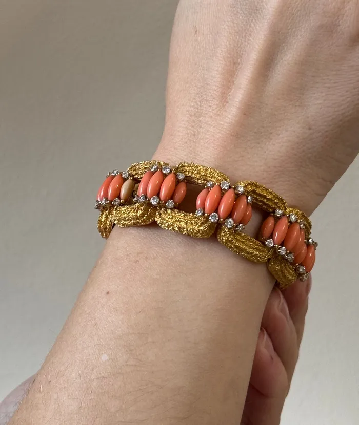 Bracelets 1960s Diamond Coral Gold Bracelet Not Signed