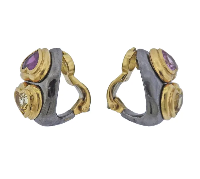 Poiray Earrings Poiray France Pink Yellow Sapphire Heart Gold Earrings