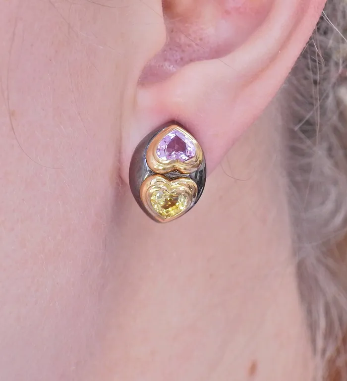 Poiray Earrings Poiray France Pink Yellow Sapphire Heart Gold Earrings