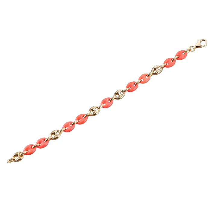 Yellow Gold Orange Enamel Link Bracelet Not Signed Bracelets