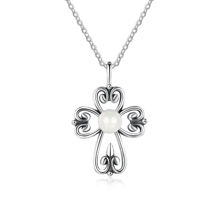 Fashion 925 Sterling Silver Necklace with Simulated Pearl Cross Pendant Vintage Jewelry for Women Personalized Jewel Necklaces Fashion 925 Sterling Silver Necklace with Simulated Pearl Cross Pendant Vintage Jewelry for Women Personalized Jewel Necklaces