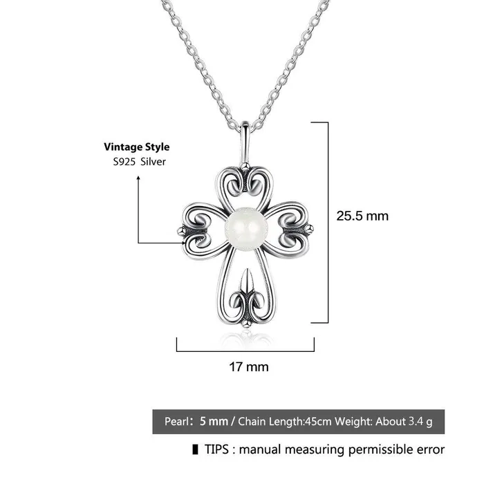 Fashion 925 Sterling Silver Necklace with Simulated Pearl Cross Pendant Vintage Jewelry for Women Personalized Jewel Necklaces