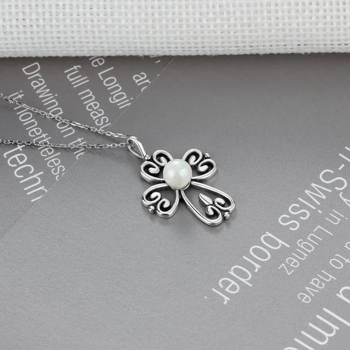 Fashion 925 Sterling Silver Necklace with Simulated Pearl Cross Pendant Vintage Jewelry for Women Personalized Jewel Necklaces