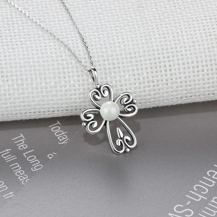 Fashion 925 Sterling Silver Necklace with Simulated Pearl Cross Pendant Vintage Jewelry for Women Personalized Jewel Necklaces