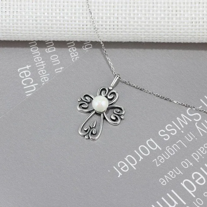 Fashion 925 Sterling Silver Necklace with Simulated Pearl Cross Pendant Vintage Jewelry for Women Personalized Jewel Necklaces