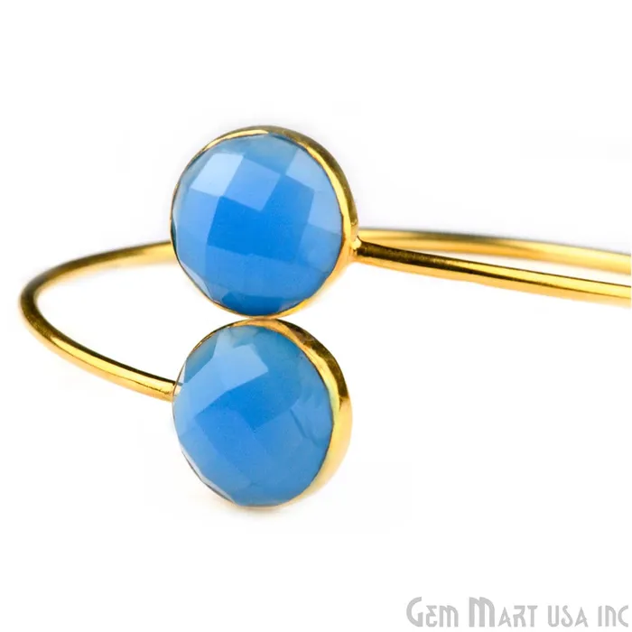 GemMartUSA Bracelets Blue Chalcedony 14mm Round Shape Adjustable Interlock Gold Plated Stacking Bangle Bracelet