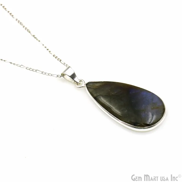GemMartUSA Necklaces Labradorite Gemstone Pears 42x20mm Sterling Silver Necklace Pendant 1PC