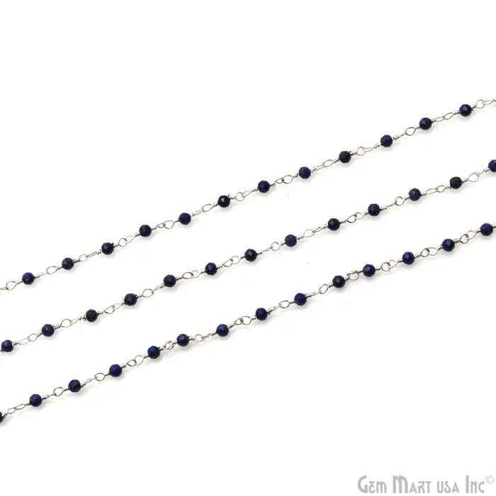 GemMartUSA Necklaces Lapis Lazuli Silver Plated Wire Wrapped Gemstone Beads Rosary Chain