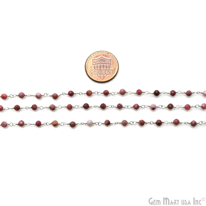 GemMartUSA Necklaces Strawberry Quartz Faceted 335mm Silver Wire Wrapped Beads Rosary Chain