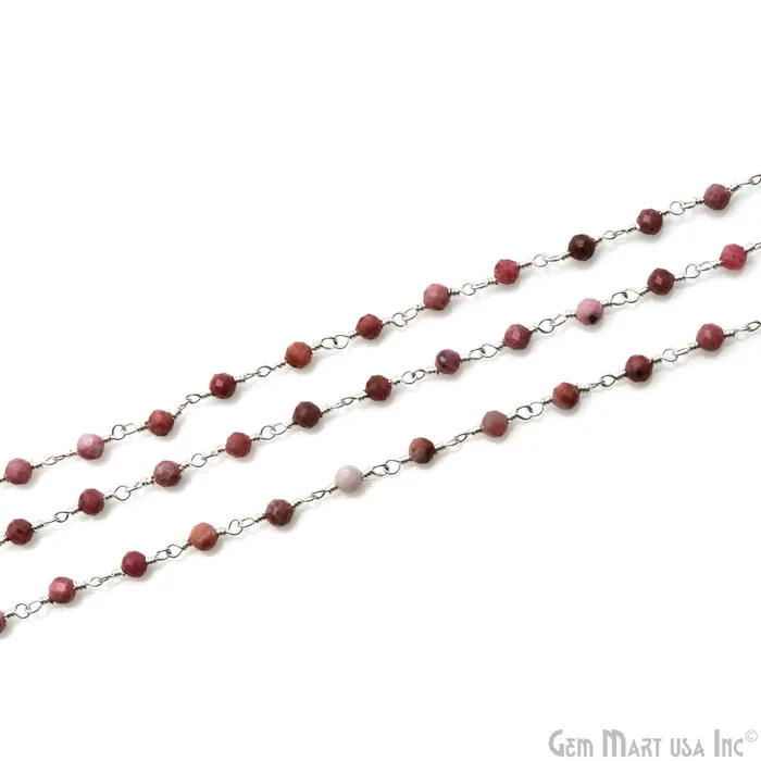 GemMartUSA Necklaces Strawberry Quartz Faceted 335mm Silver Wire Wrapped Beads Rosary Chain