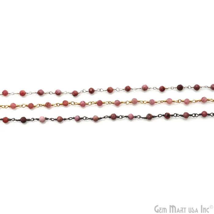 GemMartUSA Necklaces Strawberry Quartz Faceted 335mm Silver Wire Wrapped Beads Rosary Chain
