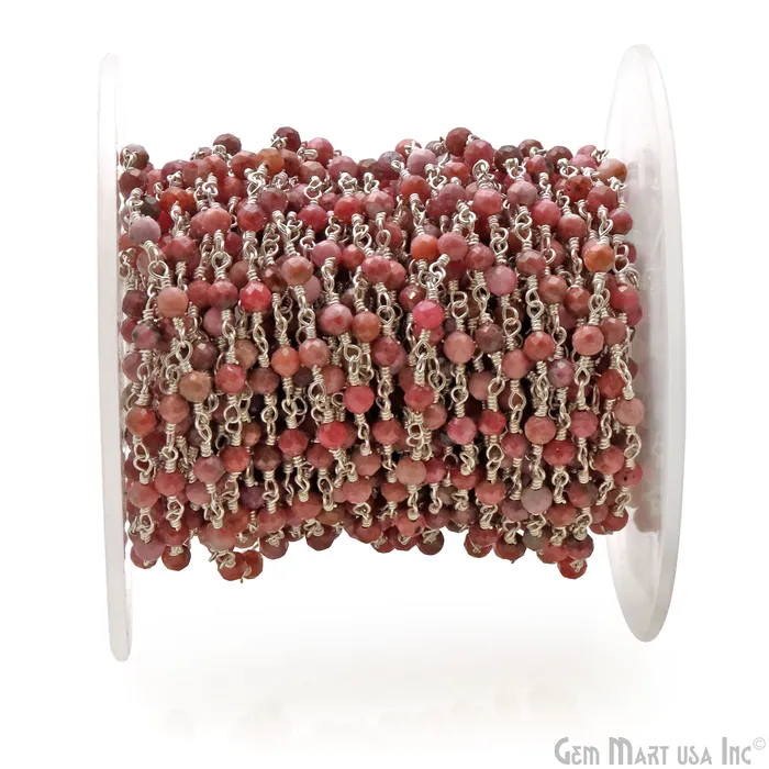 GemMartUSA Necklaces Strawberry Quartz Faceted 335mm Silver Wire Wrapped Beads Rosary Chain