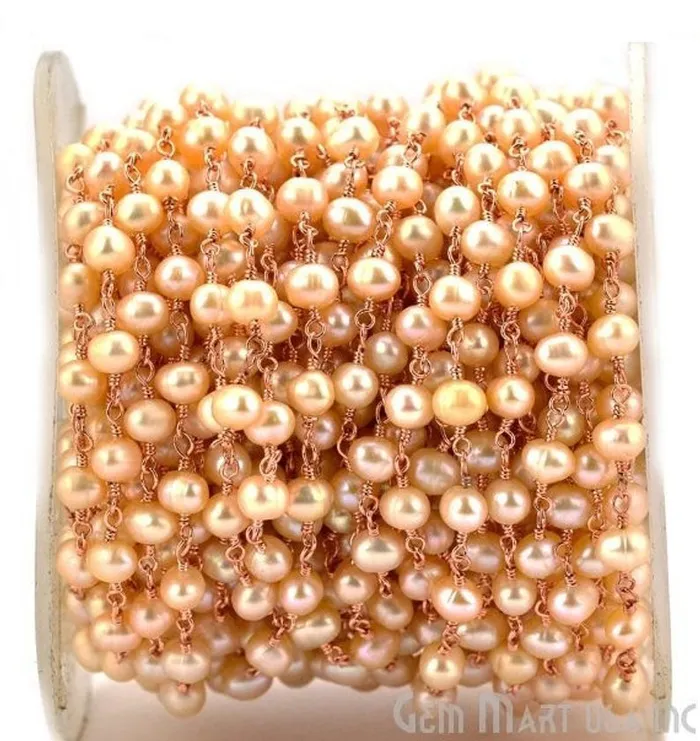 Necklaces Pink Pearl 4mm Beaded Rose Gold Plated Wire Wrapped Rosary Chain GemMartUSA Necklaces Pink Pearl 4mm Beaded Rose Gold Plated Wire Wrapped Rosary Chain GemMartUSA