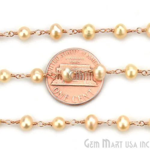 Necklaces Pink Pearl 4mm Beaded Rose Gold Plated Wire Wrapped Rosary Chain GemMartUSA