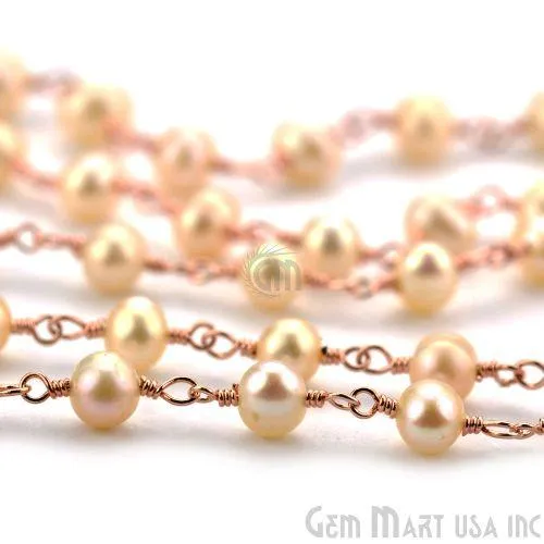 Necklaces Pink Pearl 4mm Beaded Rose Gold Plated Wire Wrapped Rosary Chain GemMartUSA
