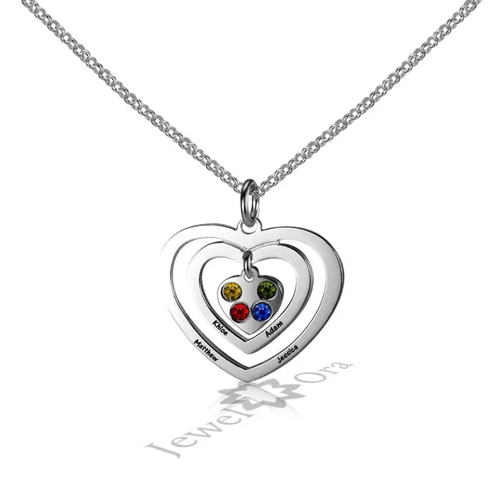 Personalized Jewel Necklaces Personalized 925 Sterling Silver Hollow Heart Necklace Four Name Four Birthstone Engraved Heart Pendant Jewelry Gift for Her