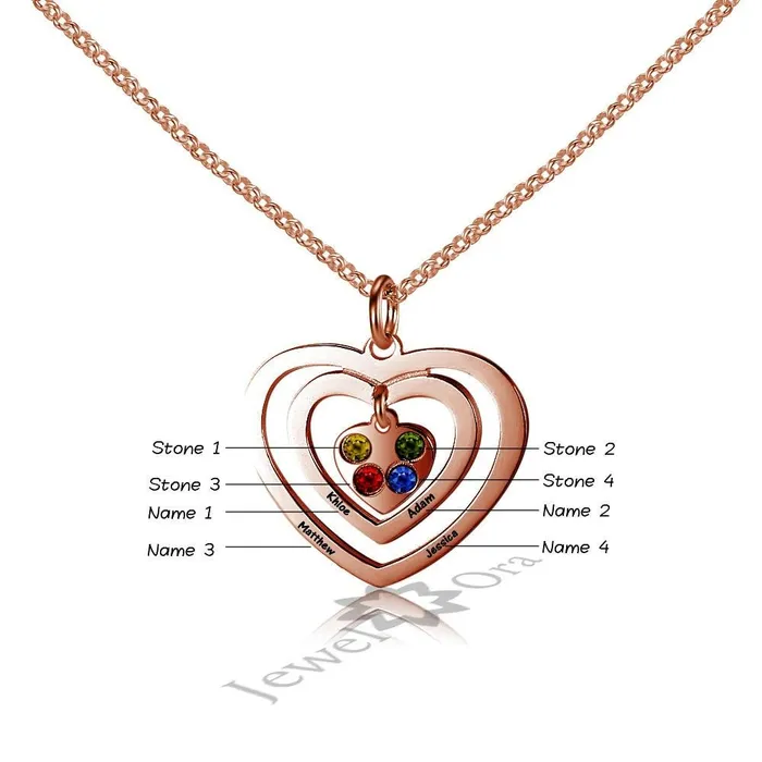 Personalized Jewel Necklaces Personalized 925 Sterling Silver Hollow Heart Necklace Four Name Four Birthstone Engraved Heart Pendant Jewelry Gift for Her