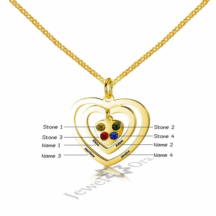 Personalized Jewel Necklaces Personalized 925 Sterling Silver Hollow Heart Necklace Four Name Four Birthstone Engraved Heart Pendant Jewelry Gift for Her