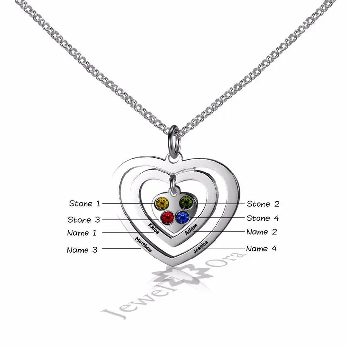 Personalized Jewel Necklaces Personalized 925 Sterling Silver Hollow Heart Necklace Four Name Four Birthstone Engraved Heart Pendant Jewelry Gift for Her