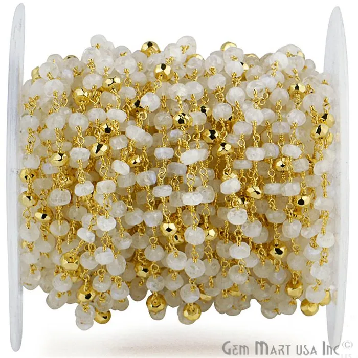 Rainbow Moonstone Golden Pyrite Beads 45mm Gold Wire Wrapped Rosary Chain GemmartUSA Necklaces Rainbow Moonstone Golden Pyrite Beads 45mm Gold Wire Wrapped Rosary Chain GemmartUSA Necklaces