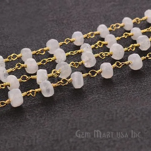 Rainbow Moonstone Golden Pyrite Beads 45mm Gold Wire Wrapped Rosary Chain GemmartUSA Necklaces