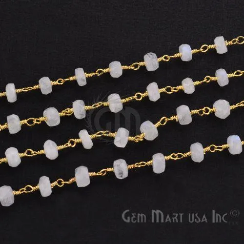 Rainbow Moonstone Golden Pyrite Beads 45mm Gold Wire Wrapped Rosary Chain GemmartUSA Necklaces