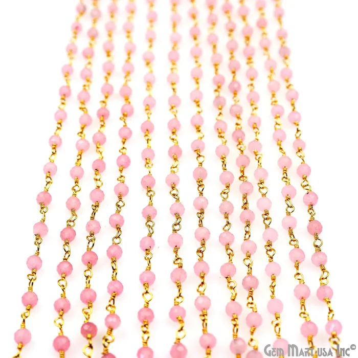 Rose Chalcedony 335mm Gold Plated Wire Wrapped Rosary Chain GemMartUSA Necklaces