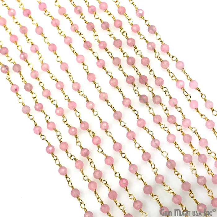 Rose Chalcedony 335mm Gold Plated Wire Wrapped Rosary Chain GemMartUSA Necklaces