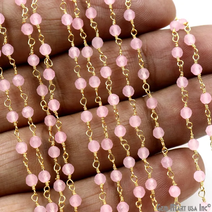 Rose Chalcedony 335mm Gold Plated Wire Wrapped Rosary Chain GemMartUSA Necklaces