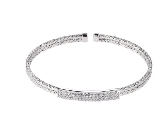 Sterling Silver Pave CZ Bar Double Mesh Flex Cuff Bracelet SI5298 Charles Garnier Bracelets