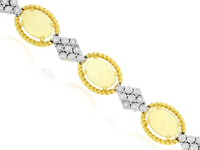 14K Yellow Gold 7 Fancy Link Style Bracelet Featuring Opals and Diamonds ROYAL JEWELRY MFG INC Bracelets