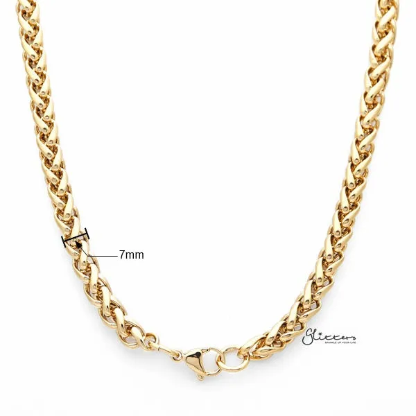 Bracelets 18K Gold IP Stainless Steel Braided Wheat Chain Mens Necklaces 7mm width 61cm length Glitters