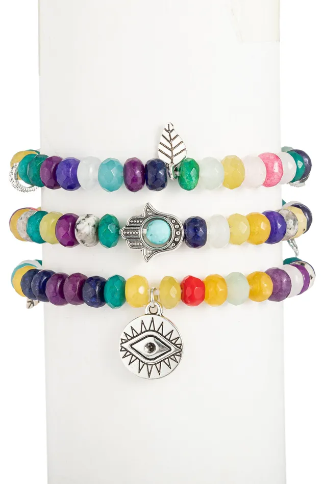 Bracelets Eye Candy LA Toya Beaded Bracelet Set Faceted Rainbow Agate