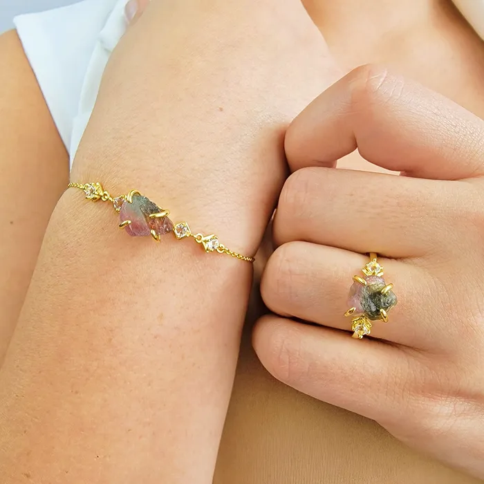 Bracelets Raw Watermelon Tourmaline Bracelet Ring Set Uniquelan Jewelry