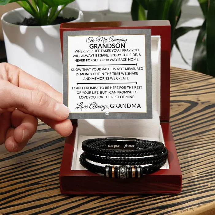 Bracelets ShineOn Fulfillment Gift For Grandson From Grandma Never Forget Your Way Home Mens Braided Leather Bracelet Great As A Christmas Gift or A Birthday Present For Him