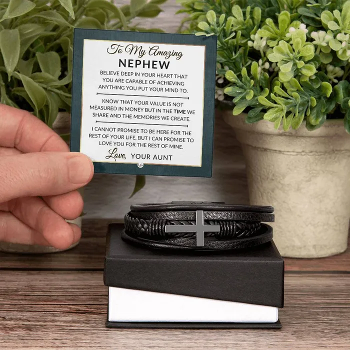 Bracelets ShineOn Fulfillment Nephew Gift From Aunt You Can Achieve Anything Mens Braided Leather Bracelet with Cross Christmas Gift or A Birthday Present For Him