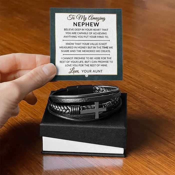 Bracelets ShineOn Fulfillment Nephew Gift From Aunt You Can Achieve Anything Mens Braided Leather Bracelet with Cross Christmas Gift or A Birthday Present For Him