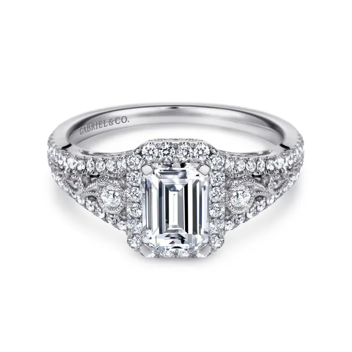 Gabriel 14K White Gold 49ctw Emerald Cut Halo Style Diamond SemiMount Engagement Ring GABRIEL CO Rings Gabriel 14K White Gold 49ctw Emerald Cut Halo Style Diamond SemiMount Engagement Ring GABRIEL CO Rings