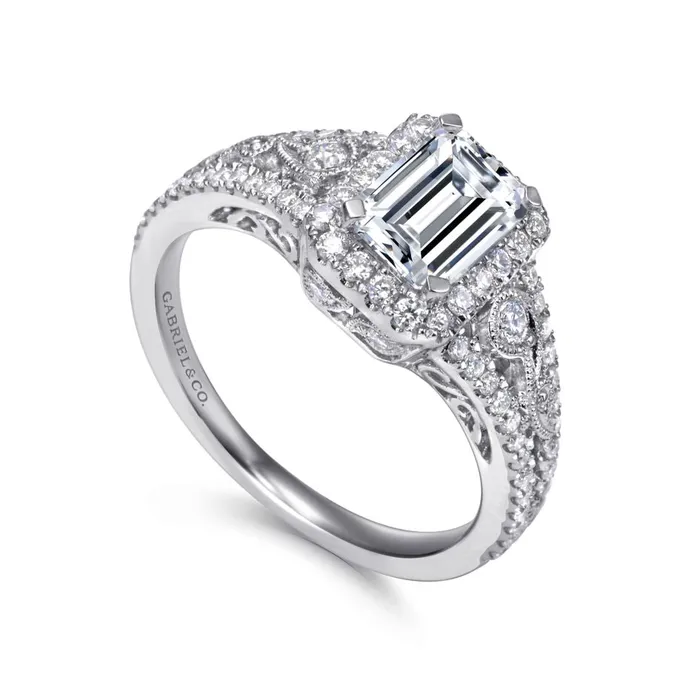 Gabriel 14K White Gold 49ctw Emerald Cut Halo Style Diamond SemiMount Engagement Ring GABRIEL CO Rings Gabriel 14K White Gold 49ctw Emerald Cut Halo Style Diamond SemiMount Engagement Ring GABRIEL CO Rings