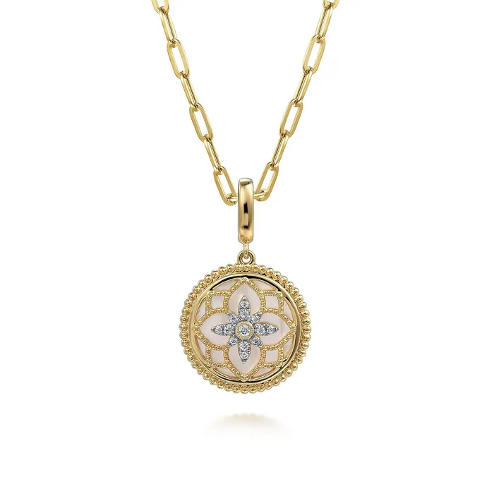Gabriel 14K Yellow Gold 223ctw Medallion Style Mother Of Pearl Necklace GABRIEL CO Necklaces Gabriel 14K Yellow Gold 223ctw Medallion Style Mother Of Pearl Necklace GABRIEL CO Necklaces